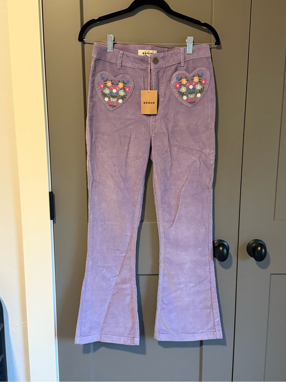 NWT Mini Boden Lilac Corduroy Heart Pocket Flare Bell Bottom Pants 12-13 Y